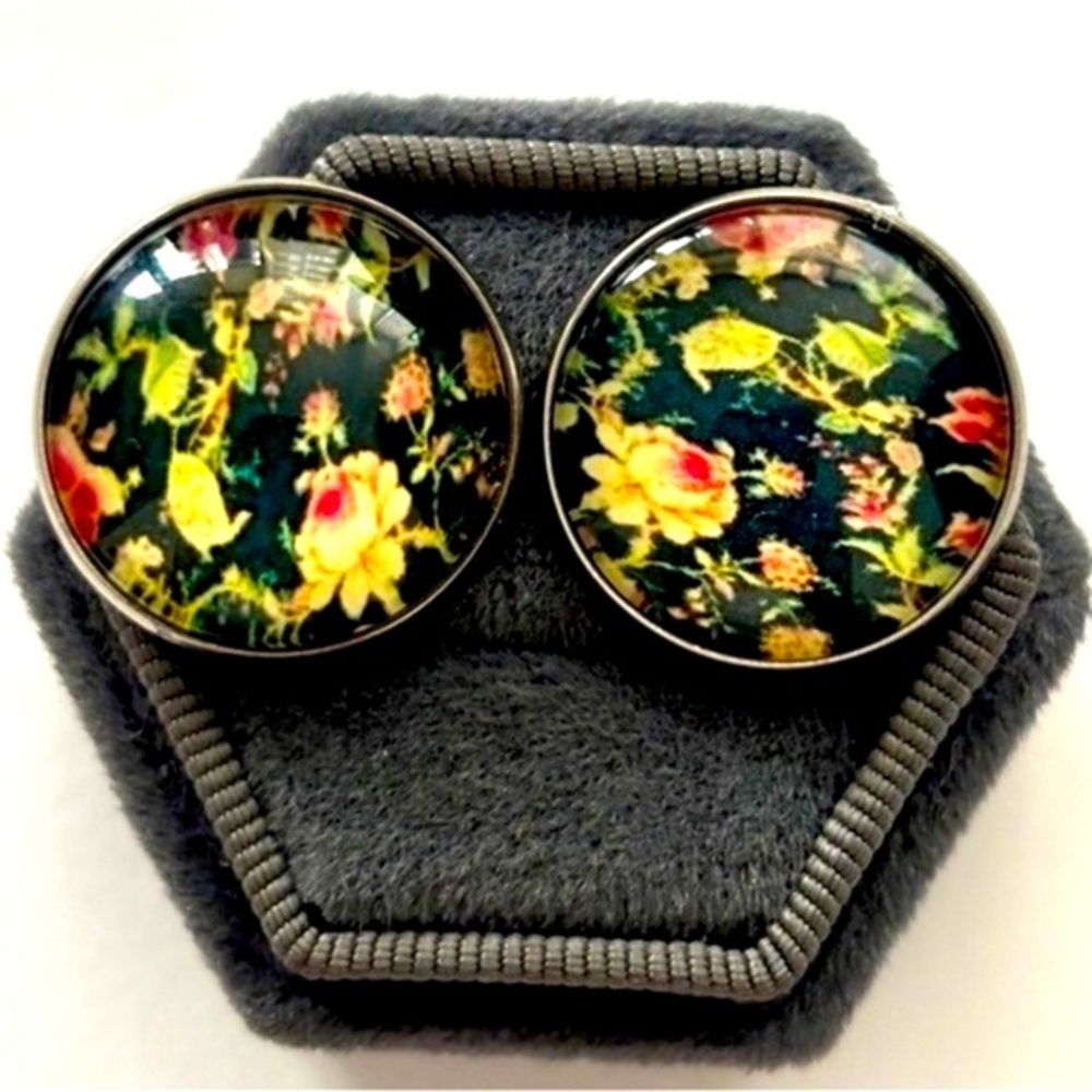20mm Glass Cabochon and Stainless Steel Floral Print Handmade Stud Earrings, NWT
